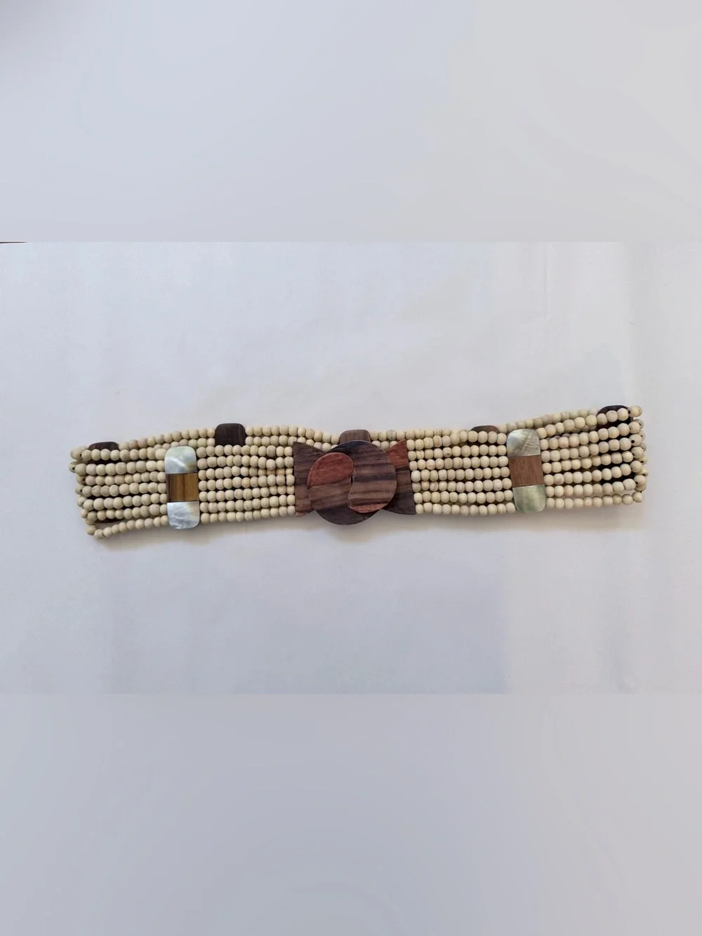 Wood Beaded Stretch Belt Wide Boho Natural Wood 32-33” Unmarked Statement